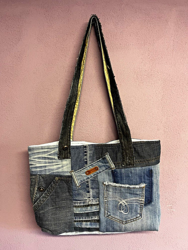 Denim patchwork schultertasche - denim,